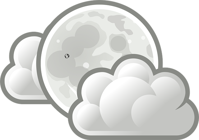 A clipart illustration of moon and clouds in gray and white.